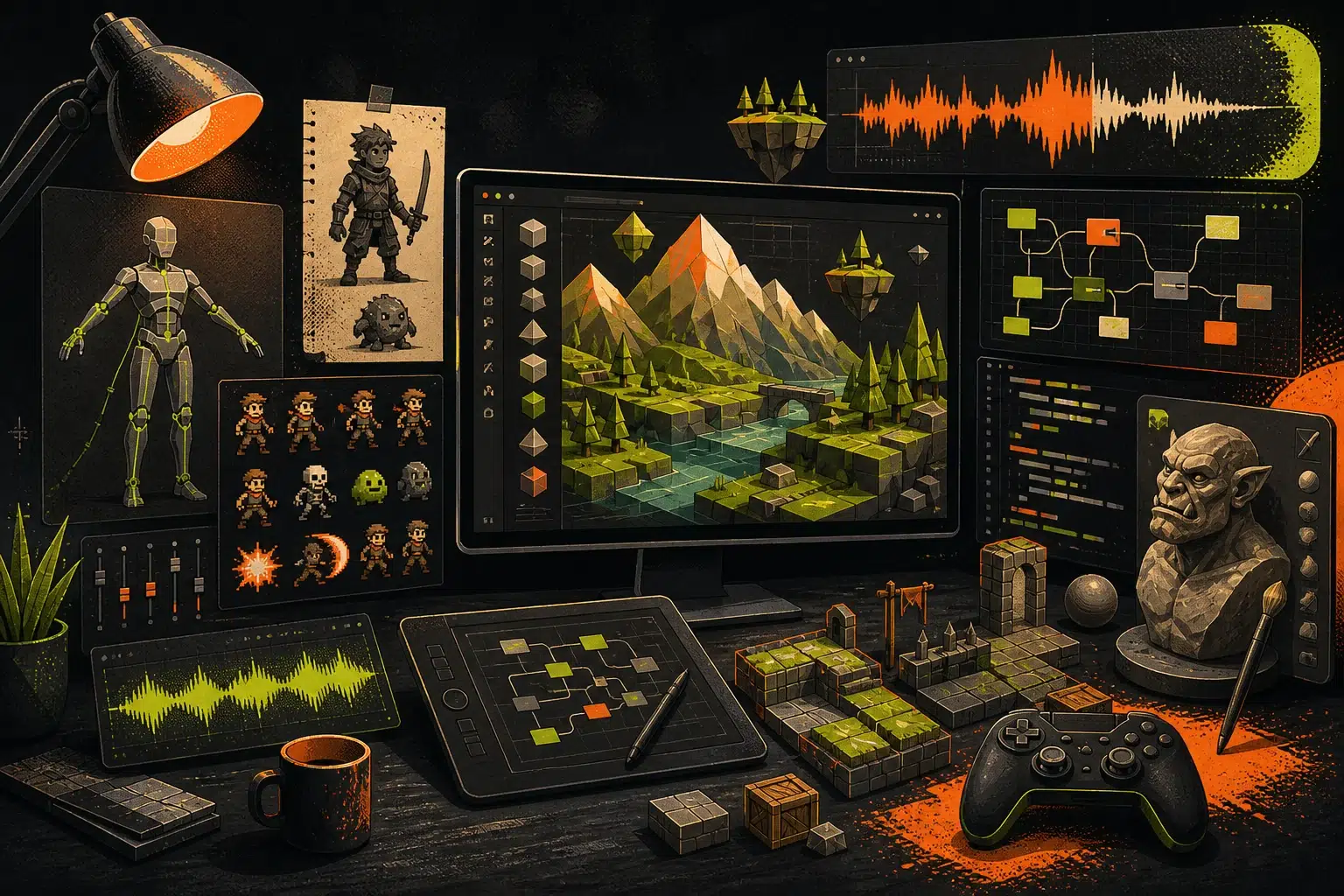 Illustration d’un atelier de création de jeu réunissant animation, décors, son, programmation et modélisation