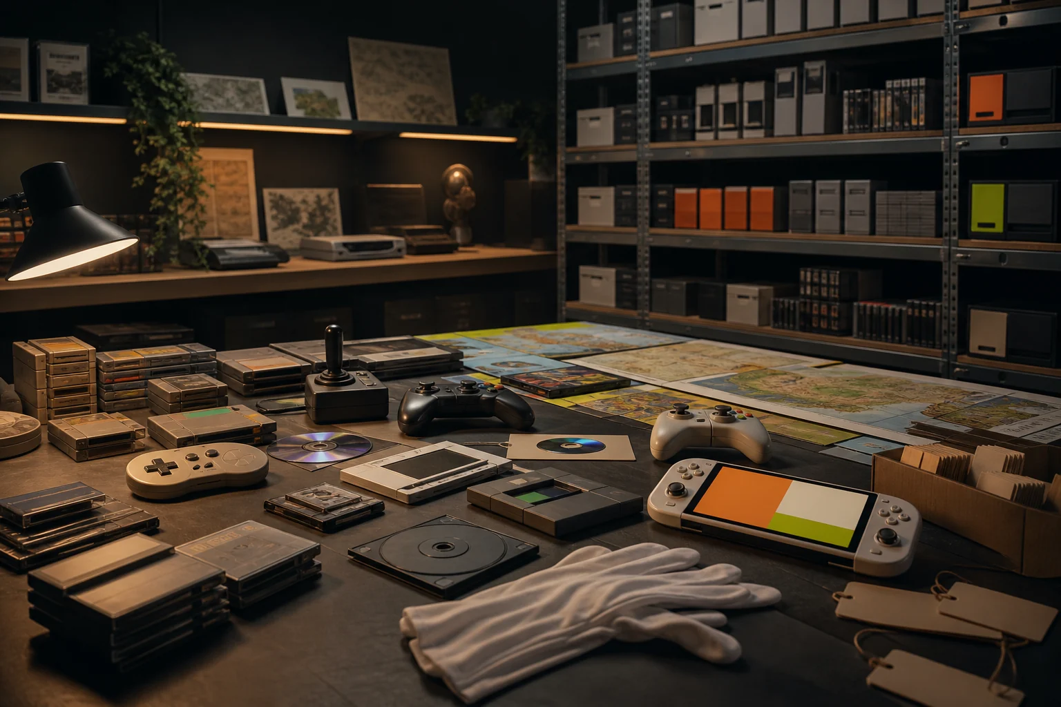 Illustration d’un espace d’archives avec consoles, manettes, cartouches, disques et documents de jeu vidéo