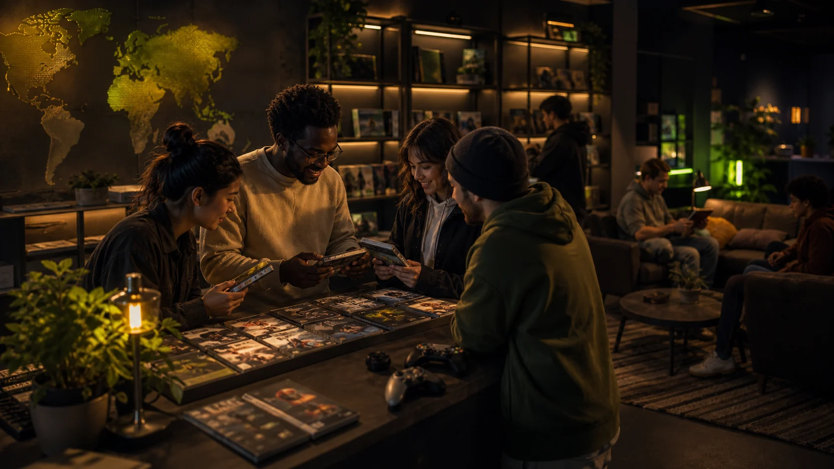 Adultos a descobrir jogos juntos num espaço comunitário