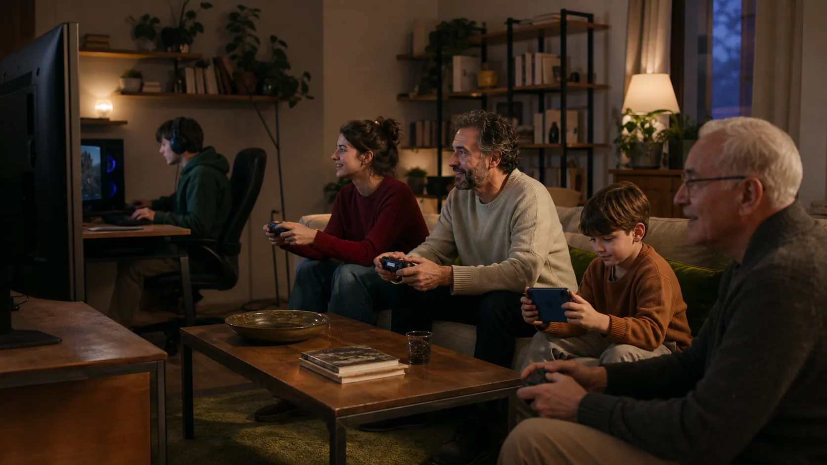 Plusieurs personnes jouant ensemble sur télévision, ordinateur et console portable